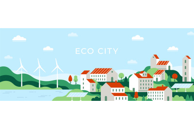 Eco city. Urban landscape of future town use alternative energy source