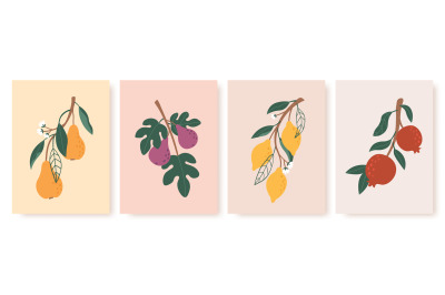 Abstract fruit poster. Modern prints with summer fruits, leaves and fl