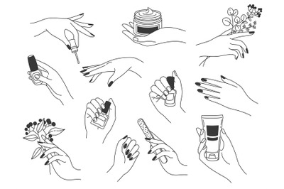 Hand manicure and care. Female logos for nail cosmetics and beauty spa