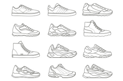 Sneakers icon. Outline sport shoe types for running and fitness. Minim