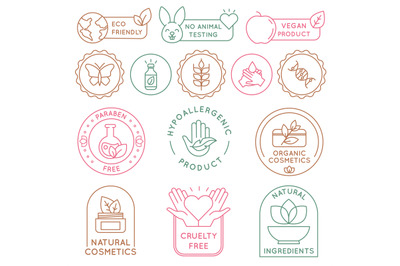 Organic cosmetics badges. Bio beauty products for skin, package seal e