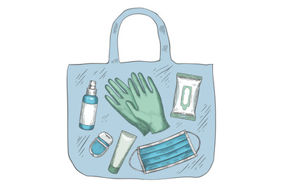 Travel sanitizer kit. Disinfectant&2C; medical mask&2C; gloves&2C; alcohol spra