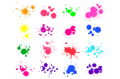 Color paint splatter. Bright ink stains and spray blots isolated on wh