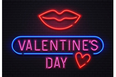Glowing neon sign valentines day lettering with red big lips and heart