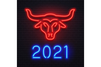 Neon red ox for 2021 New Year greeting card. Bright blue letters 2021