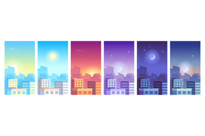 City landscape. Daytime cityscape sunrise, day, sunset and night city