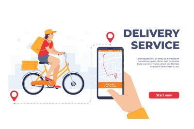 Delivery service application. Woman riding bicycle with food mobile ap