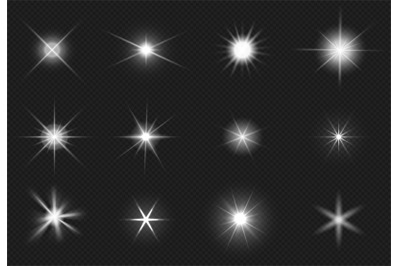 Flares and sparkling stars effect. White light burst, shiny glare. Mag