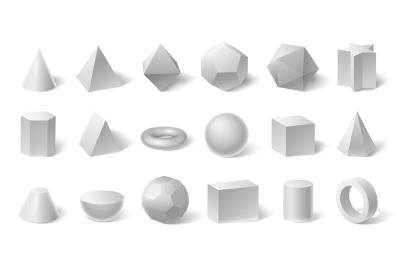 White geometric 3d shapes. Geometry form for education. Hexagonal and