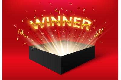 Winner glowing box with golden ribbons and confetti. Surprise carton i