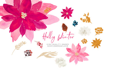 Winter Magenta Flowers clipart&2C; Pink Watercolor Christmas Clipart