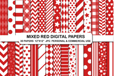 Mixed red digital papers, Stripes hearts chevron paper pack