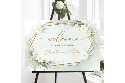 SIMY - Wedding Welcome Sign Large Editable, White Roses Greenery