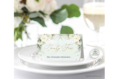 SIMY - Wedding Place Cards Editable Templates White Roses Eucalyptus