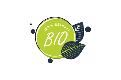 Bio natural product label, green badge with leaf