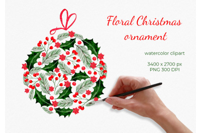 Red and green watercolor Christmas ball clipart