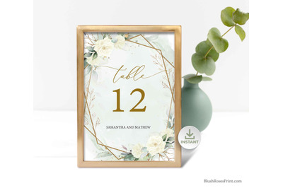 SIMY - Editable Wedding Table Numbers Cards White Roses Eucalyptus DIY