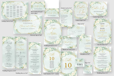 White Roses Eucalyptus Green and Gold Wedding Bundle Editable Template