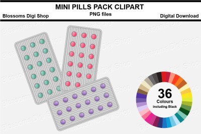 Mini pills pack Sticker Clipart, 36 files, multi colours