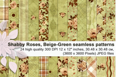 Shabby Roses, beige and green seamless patterns.