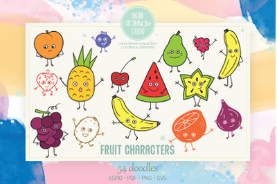 Colored Fruit Characters | Hand Drawn Kawaii Food Cartoon