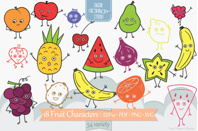 Colored Fruit Characters | Hand Drawn Kawaii Food Cartoon