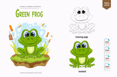 Cute cartoon frog, Coloring page, Isolated.