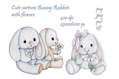 Cute cartoon Bunny the Rabbits with flowers.