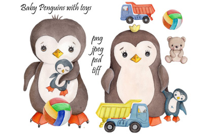 Baby Penguins with toys. Watercolor illustrations.