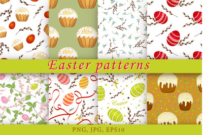 Easter patterns with decorated eggs, willow twigs and Easter cakes.