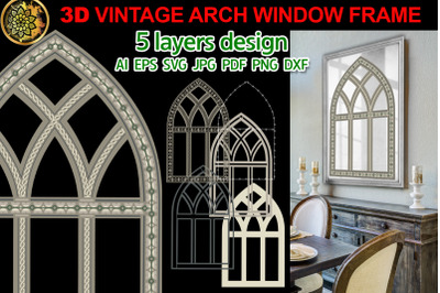 3D Vintage Farmhouse Arch Window Frame set 1 Gray Tone