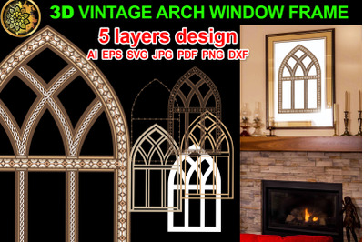 3D Vintage Farmhouse Arch Window Frame set 2 Brown Tone