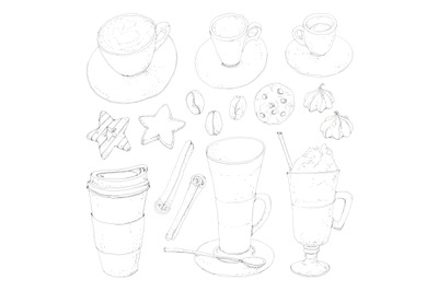 Coffee set - pen ink illustration, design elements.