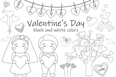 Valentine&#039;s day Boy Girl Hearts black and white coloring SVG