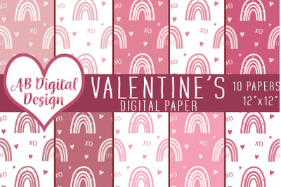 Valentines Rainbows &amp; Hearts Digital Paper, Boho Valentines