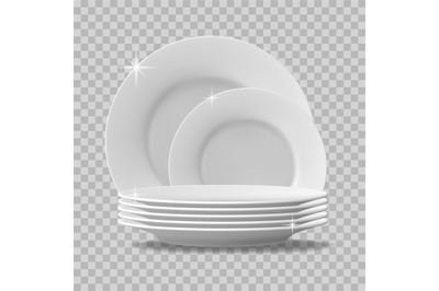 Realistic plates stack. Clean dishes, stacked kitchen tableware, dishw