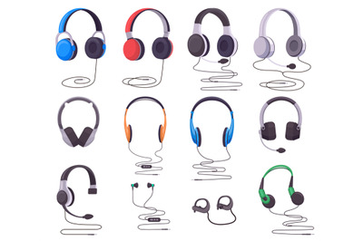Headphones and earphones. Music or gaming wired audio equipment, earph