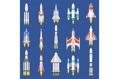 Space rockets. Spacecraft ships, shuttle vehicles and aerospace rocket