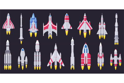 Spaceships vehicles. Space rocket, flying aerospace shuttle, spacecraf