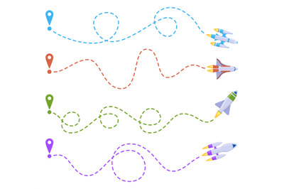 Rocket line route. Space travel dashed line trace, spacecraft ship rou