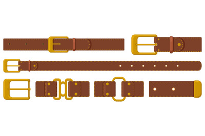 Leather strapping. Brown leather belts with steel buckles and metal fi