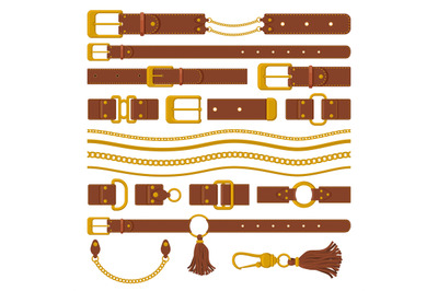 Belts and chains elements. Leather brown belts, gold ring straps, chai