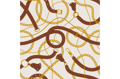 Chains and belts pattern. Leather belts, tassels, gold ring chains and