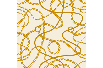 Golden chains pattern. Seamless gold ring, belts, chains and metal acc