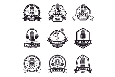 Podcast emblems. Radio station, audio podcast and music studio labels,