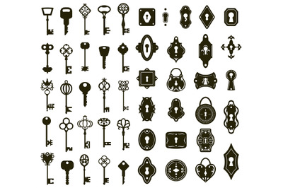Keys and keyholes. Vintage house door keys and keyholes, decorative ke