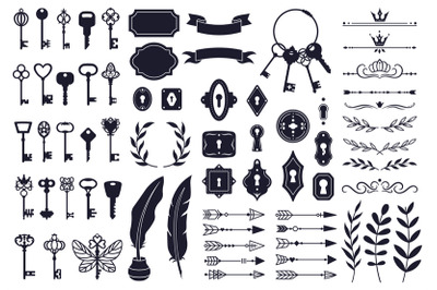 Keys decorative elements. Vintage old house door keys, antique keyhole