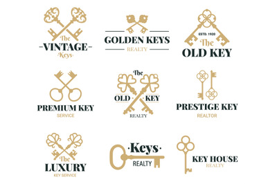 Old keys emblems. Vintage door keys labels, real estate agency or key