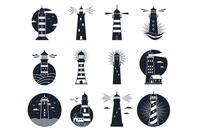 Lighthouse labels. Vintage beacon building emblems&2C; marine navigation