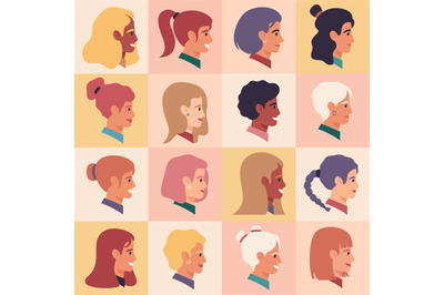 Female profile faces. Women portraits, various nationality, brunette,